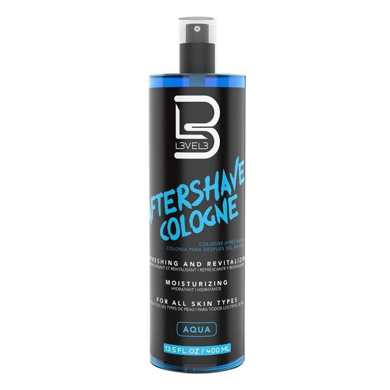 400ml bottle of L3VEL3 Aqua Aftershave Cologne for soothing post-shave skin care