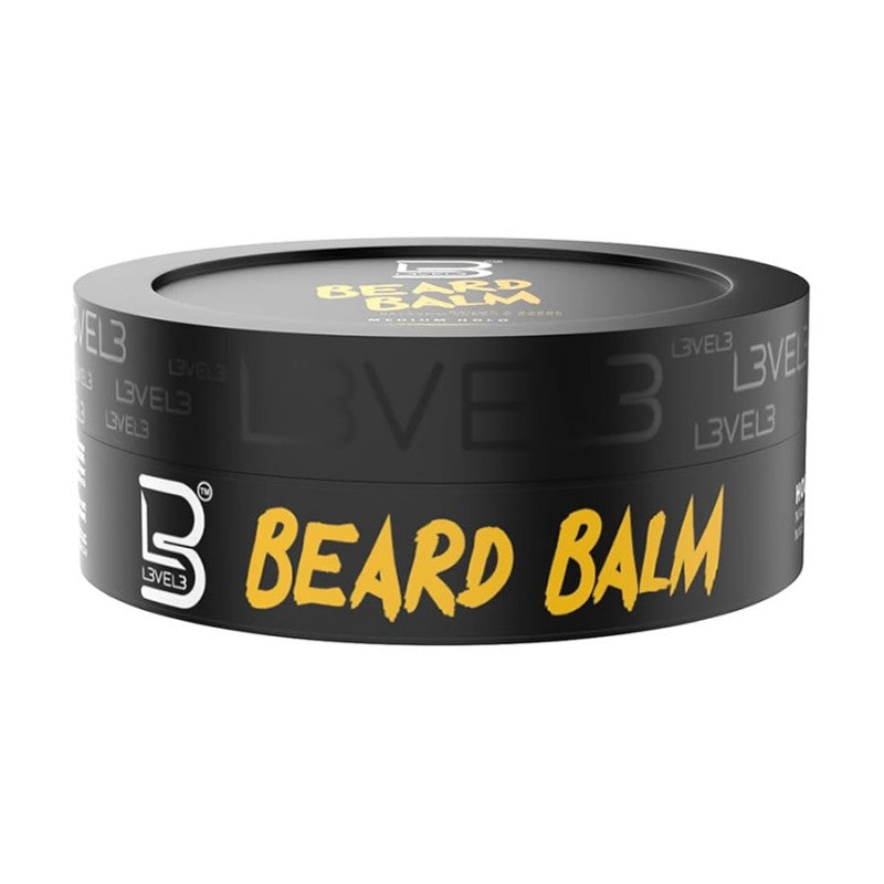 100ml jar of L3VEL3 Beard Balm with medium hold, featuring black and yellow branding.