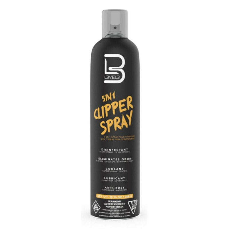 L3VEL3 5-in-1 professional clipper spray in a black and yellow 10oz aerosol can.