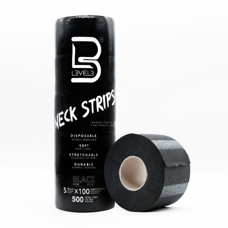 Five rolls of professional black L3VEL3 barber neck strips for salon hygiene