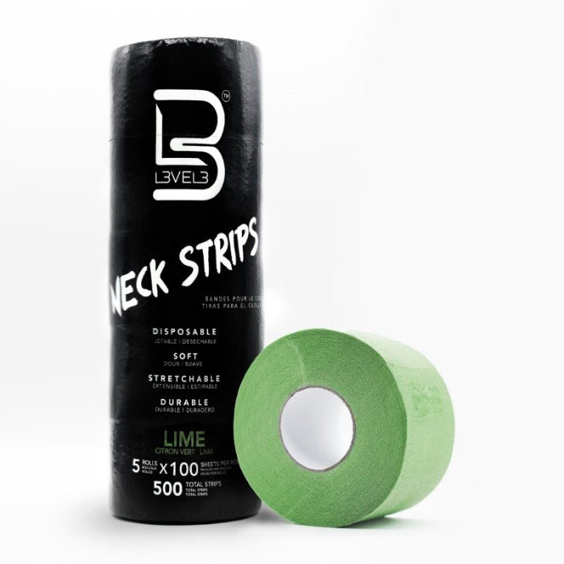 Five rolls of L3VEL3 Lime green self-adhesive neck strips for professional barber use.