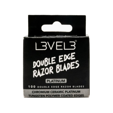 Box of 100 L3VEL3 double edge razor blades for professional safety shaving.
