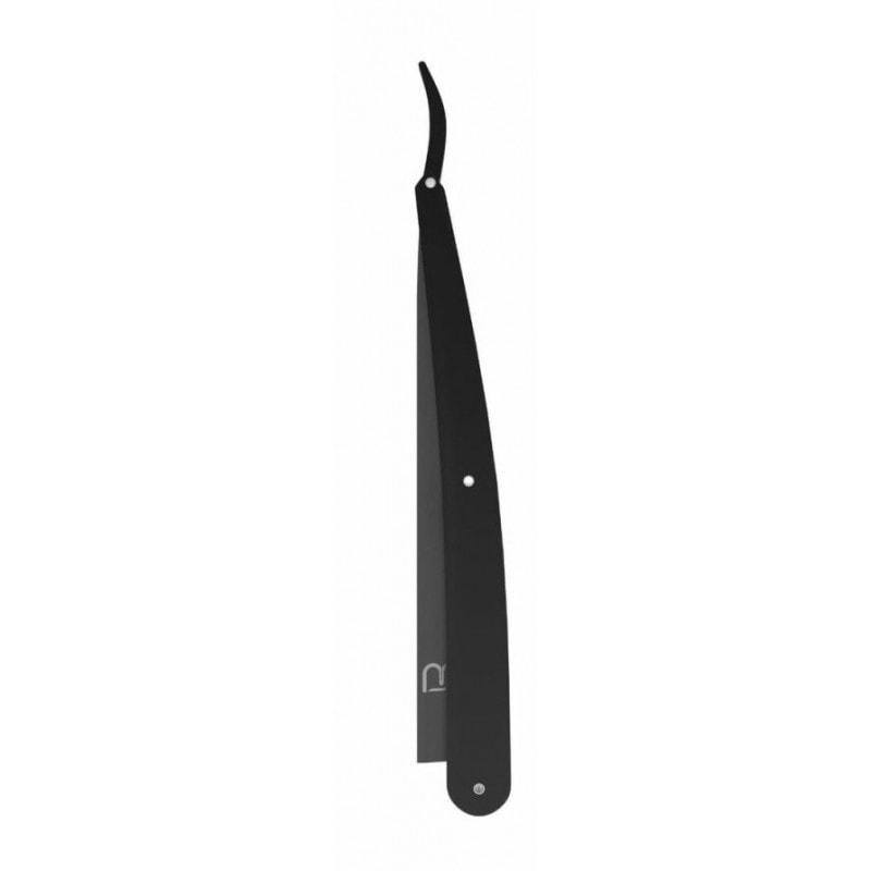 L3VEL3 black anodized stainless steel straight razor holder with 3-rivet detail