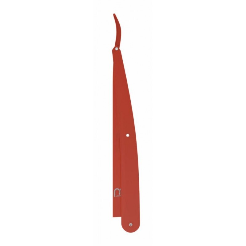 L3VEL3 red anodized stainless steel straight razor holder with 3-rivet detail