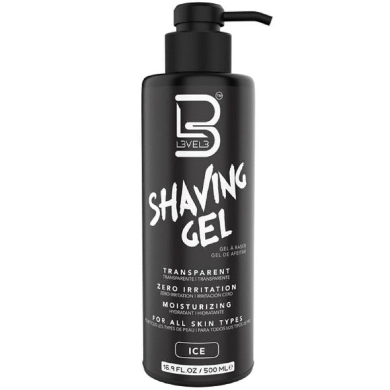 L3VEL3 Ice Shave Gel 500ml bottle for precise, transparent shaving experience