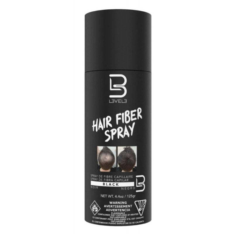 A bottle of L3VEL3 Hair Fiber Spray in Black for creating thicker, fuller hair