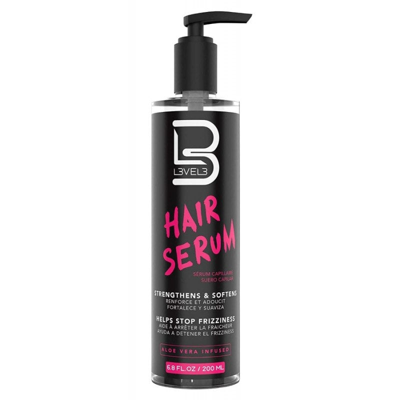 L3VEL3 Aloe Vera infused hair serum bottle in black and pink packaging