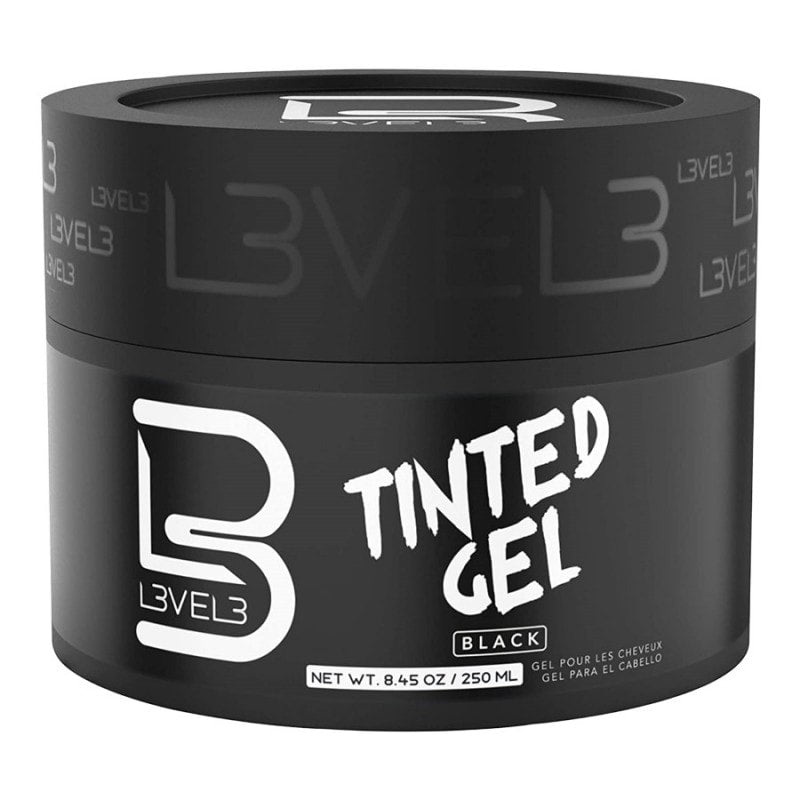 250ml bottle of L3VEL3 Tinted Styling Gel in Black for gray hair coverage
