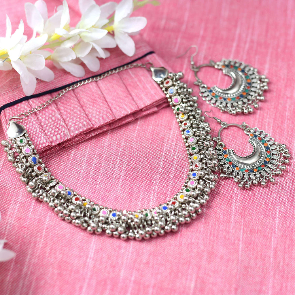 Oxidised silver-plated brass choker set with vibrant Meena work
