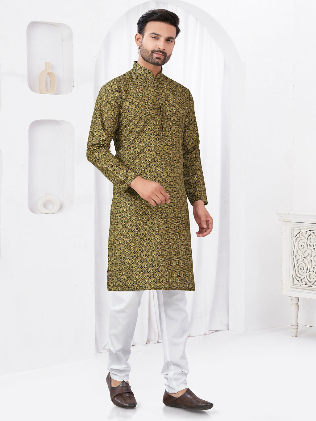 Boys Olive Printed Kurta Pyjama Set for Festive Comfort