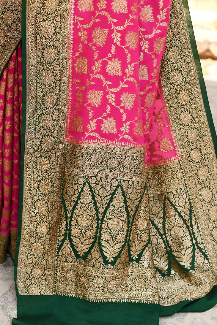 Pink Crepe Chiffon Pure Handloom Banarasi Silk Saree