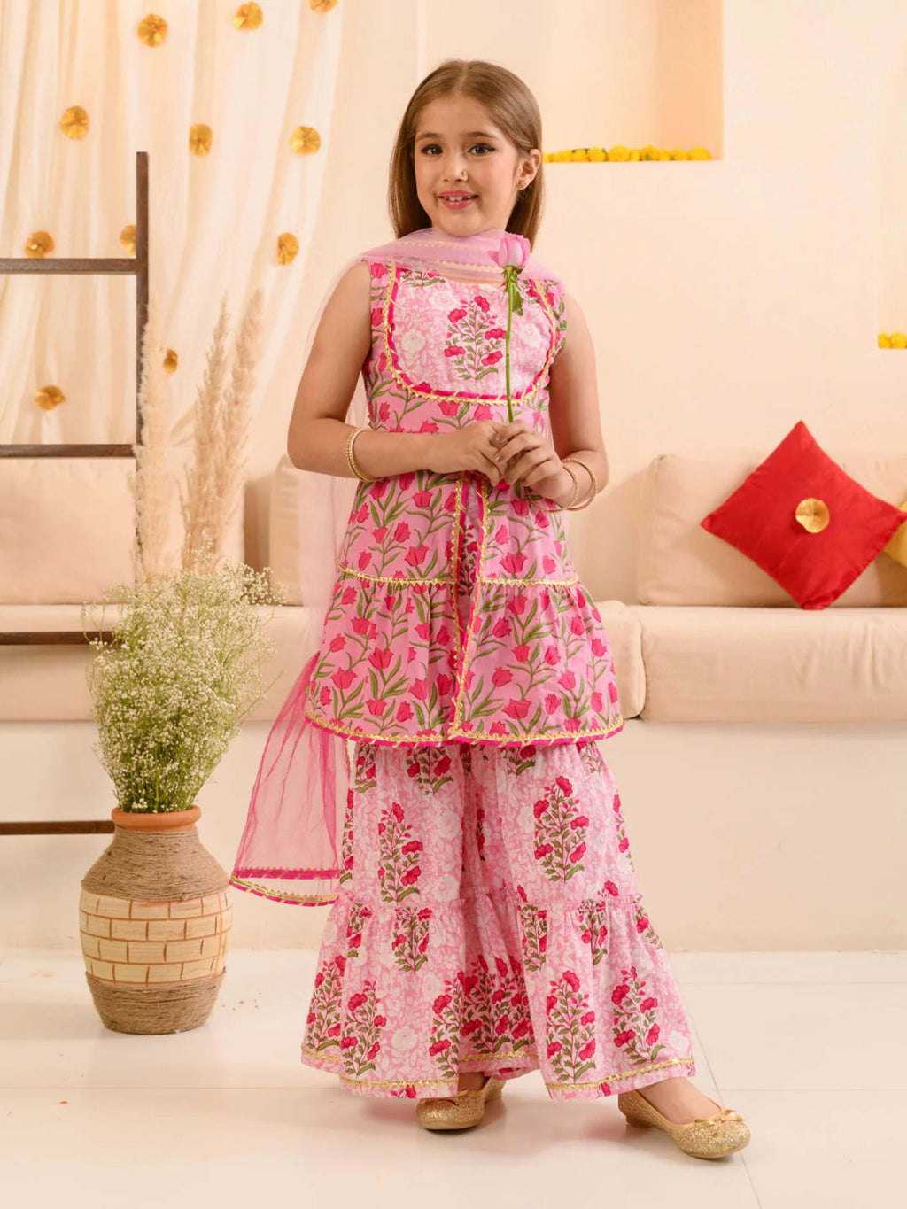 Pink pure cotton sharara set with net dupatta for girls