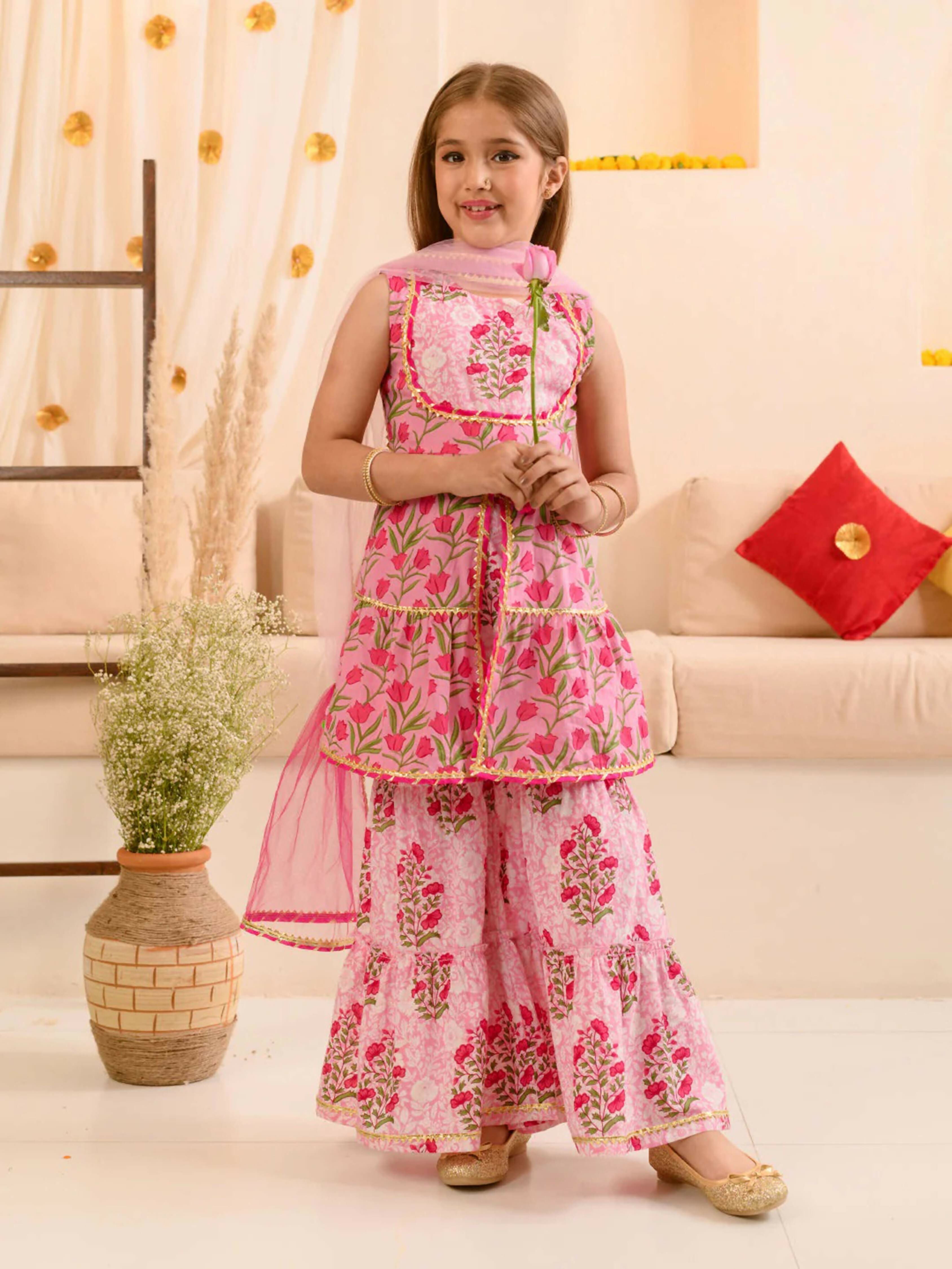 Pink pure cotton sharara set with net dupatta for girls