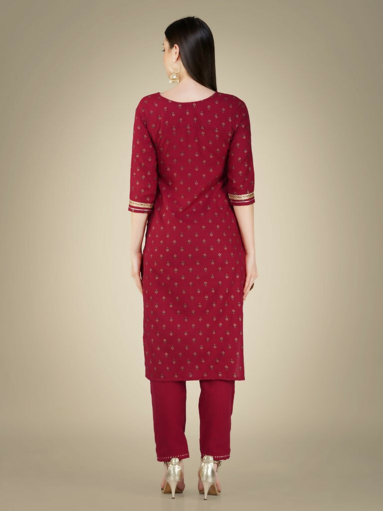 Women's Maroon Cotton Magic Slub Kurta Set with Embroidery & Sequence