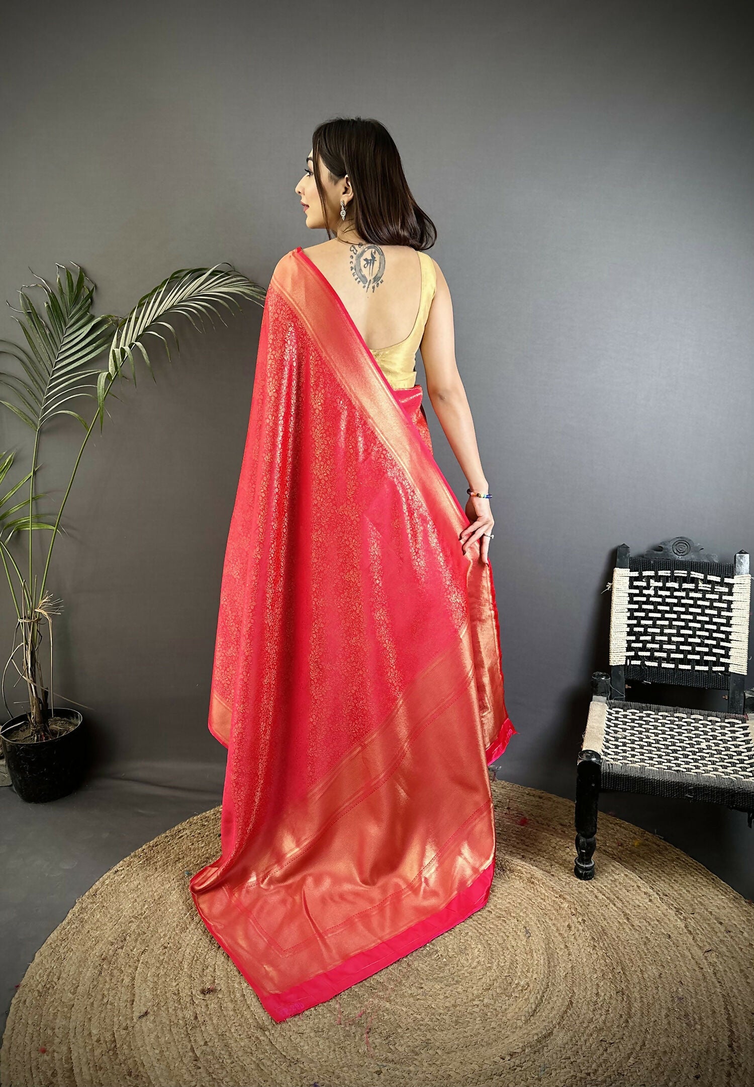 Ruby Pink Floral Motifs Soft Satin Silk Kanchipuram Saree