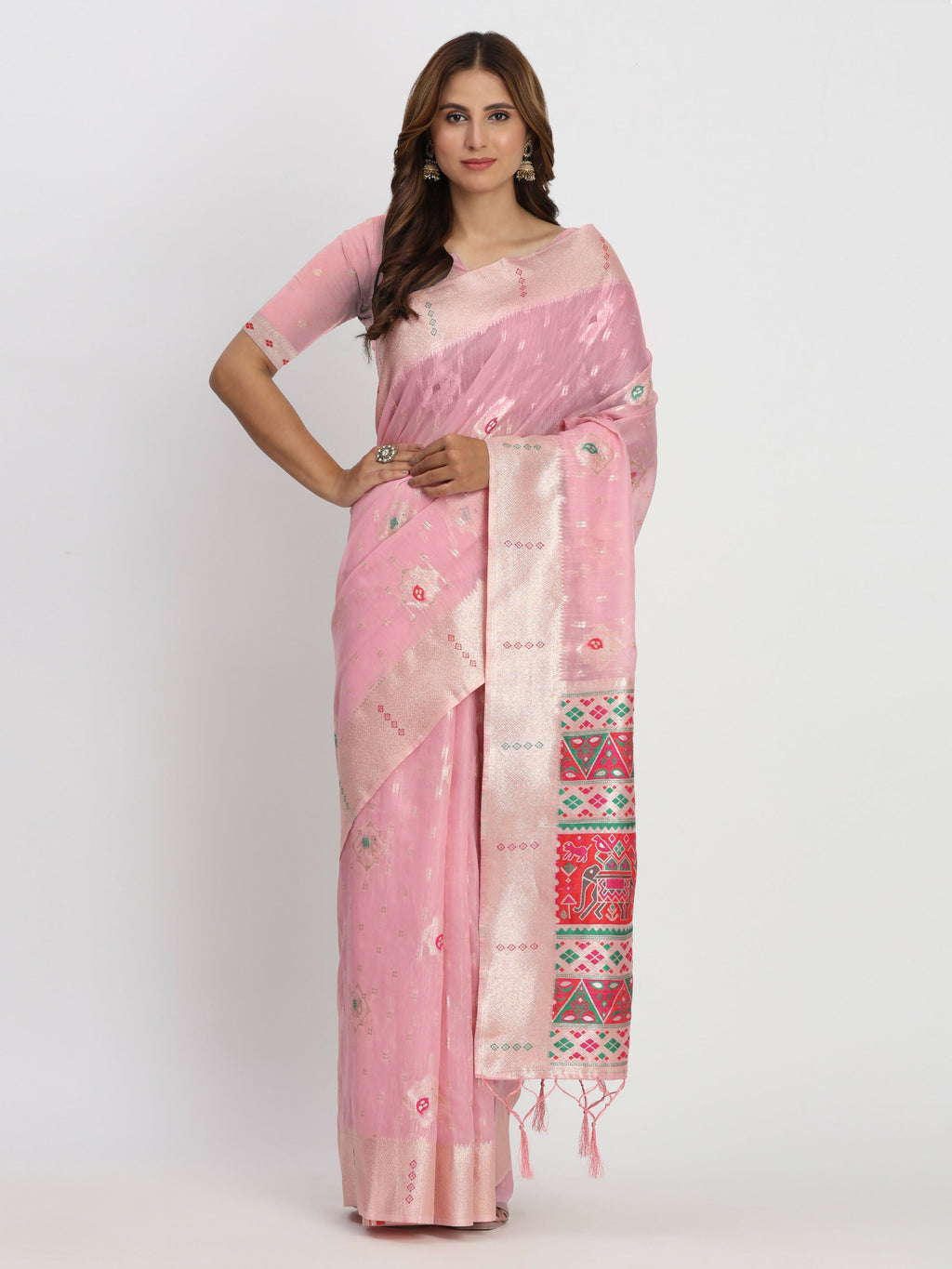 Light pink linen cotton saree with matching blouse piece displayed in soft lighting