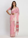 Light pink linen cotton saree with matching blouse piece displayed in soft lighting