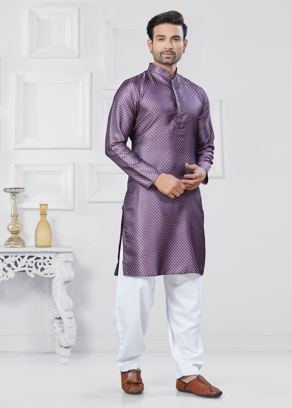 Boys Purple Jacquard Silk Kurta Pyjama Ethnic Set for Festivals