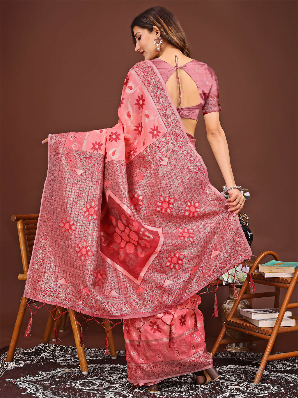Peach Linen Cotton Saree with Matching Blouse Piece