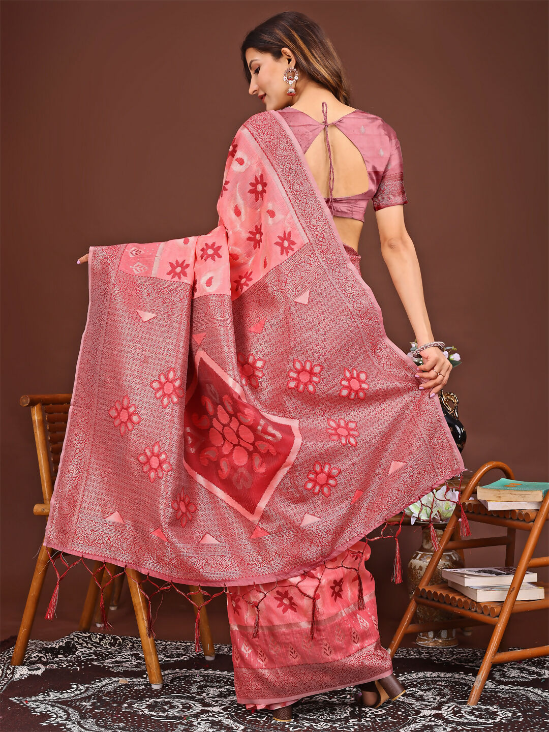 Peach Linen Cotton Saree with Matching Blouse Piece