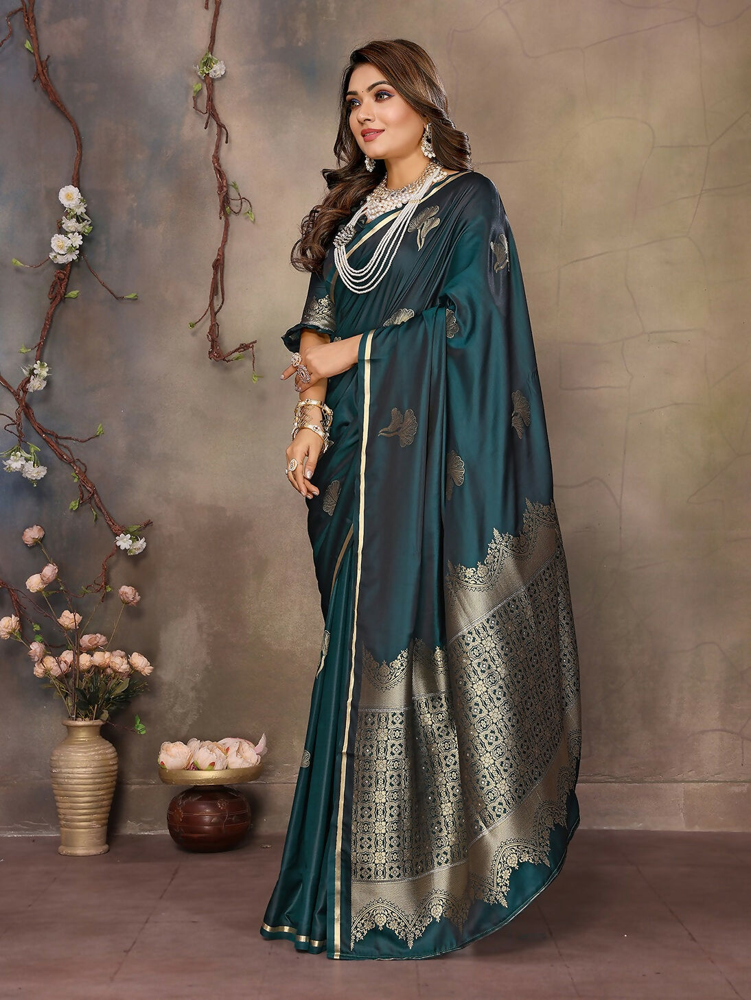 Teal Floral Banarasi Silk Saree with Matching Unstitched Blouse