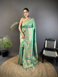 Sea Green soft silk saree with geometric patola print and matching blouse piece