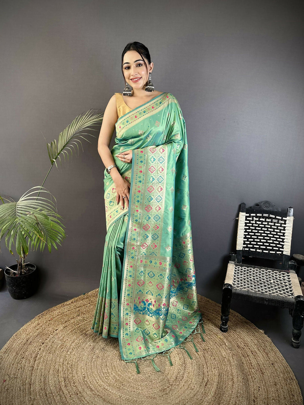 Sea Green soft silk saree with geometric patola print and matching blouse piece