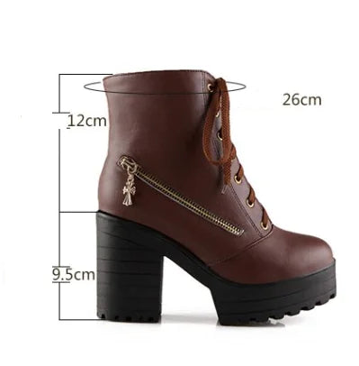 Women's Vintage Lace-Up Platform Ankle Boots with Chunky Heels - Image 23