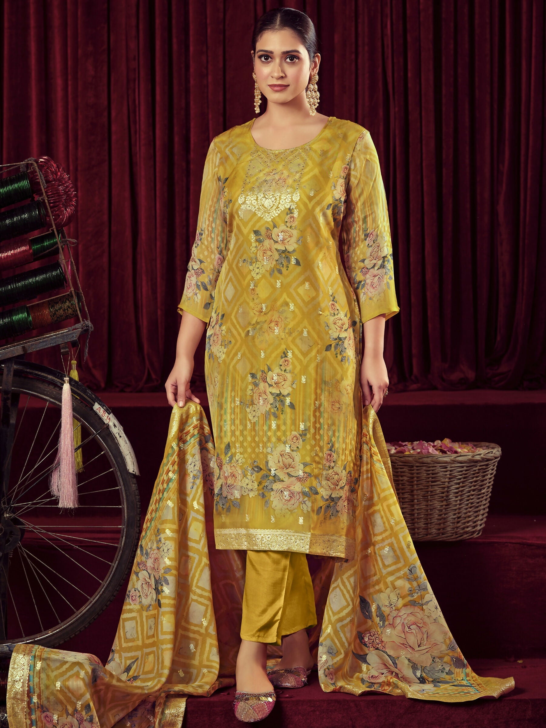 Jyoti Fashion Women's Mustard Organza Jacquard Woven Kurta with Trouser & Dupatta