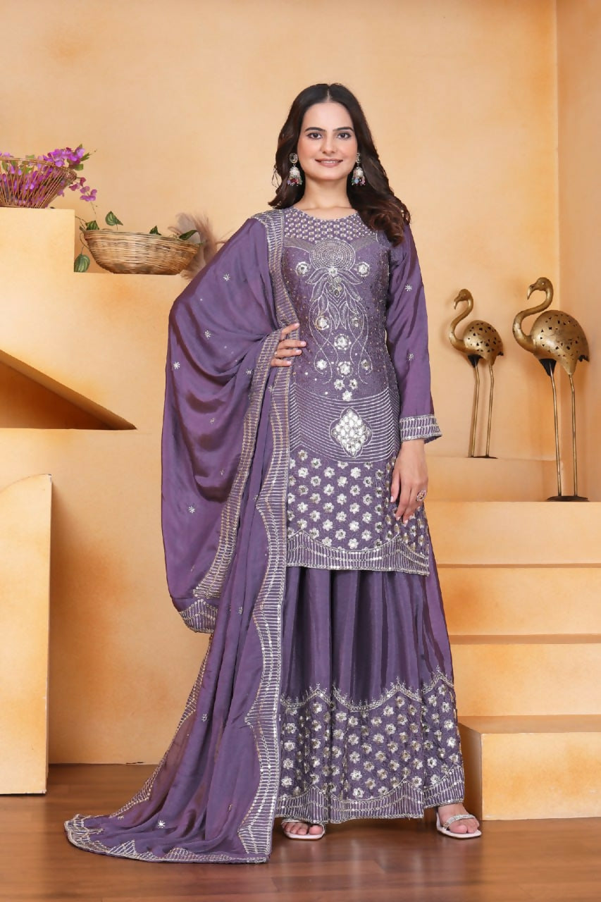 Deep purple silk embroidered kurti and sharara set