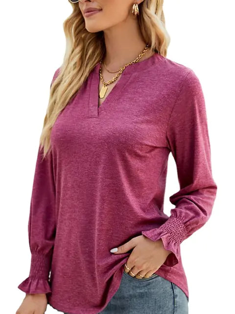 Women Long Sleeve V-Neck Lightweight Sweatshirt with Smocked Cuffs - Image 32