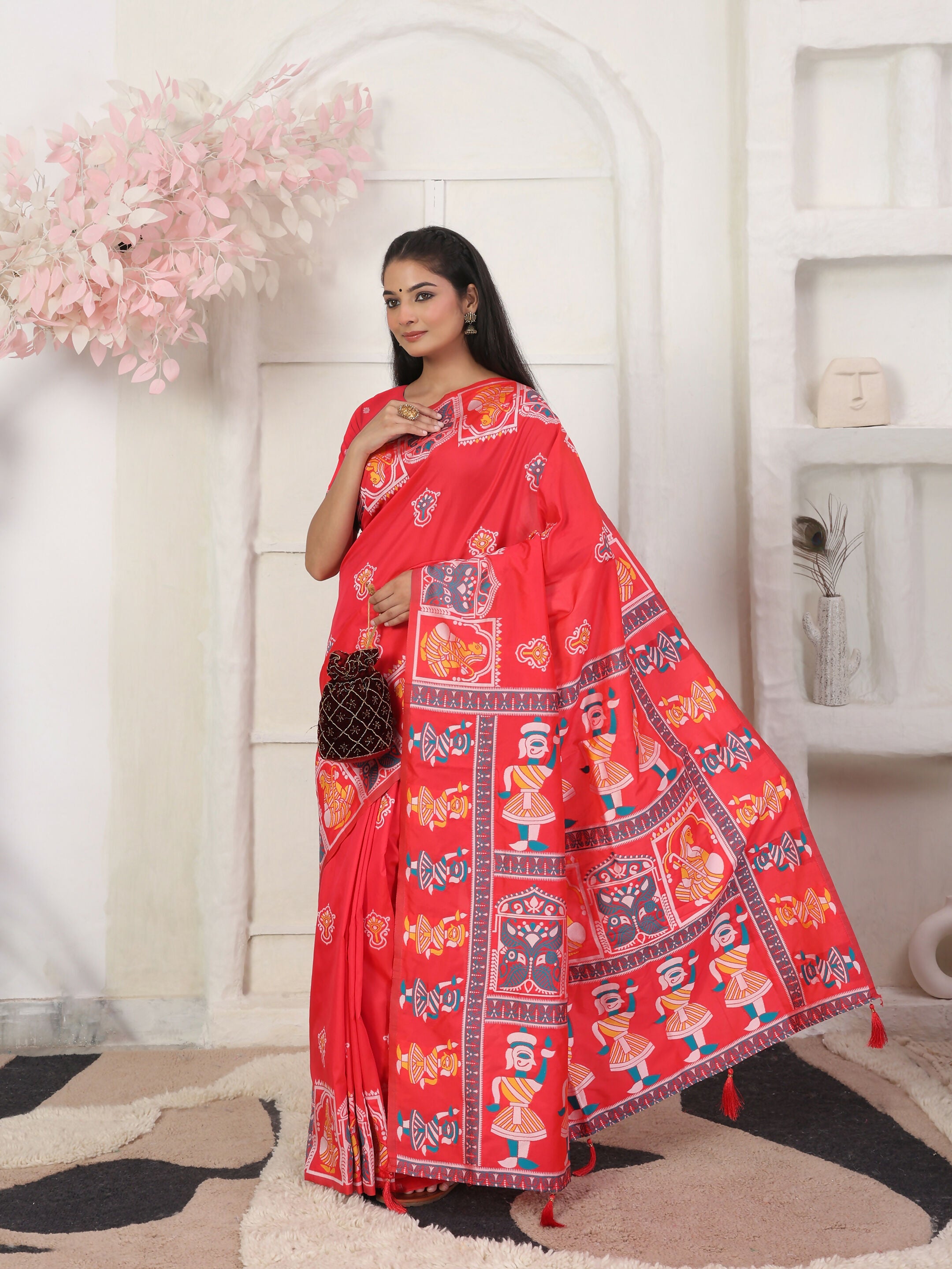 Radiant Red Silk Blend saree with matching blouse fabric