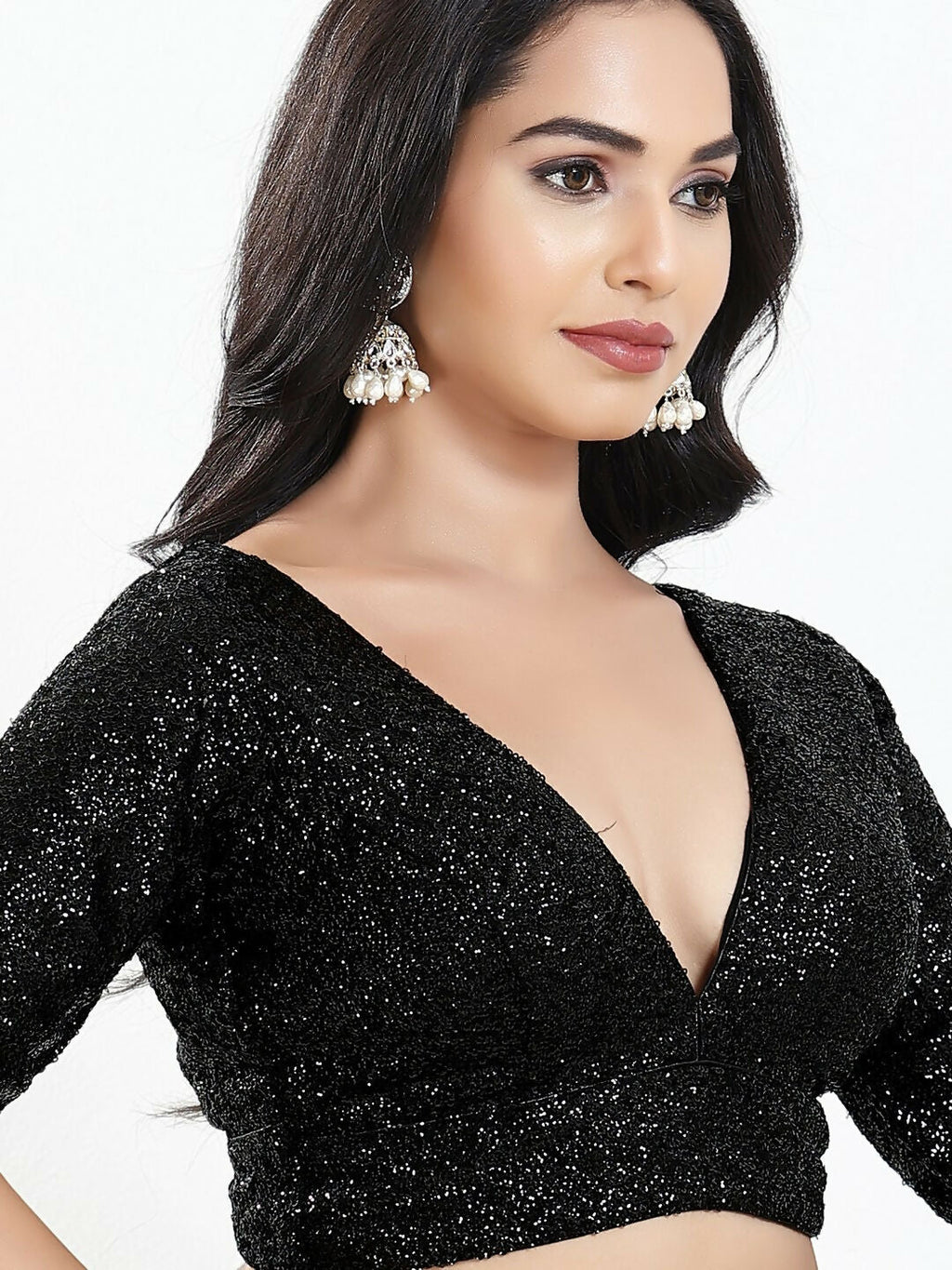 Black Silk Padded V-Neck Blouse with Elbow Sleeves