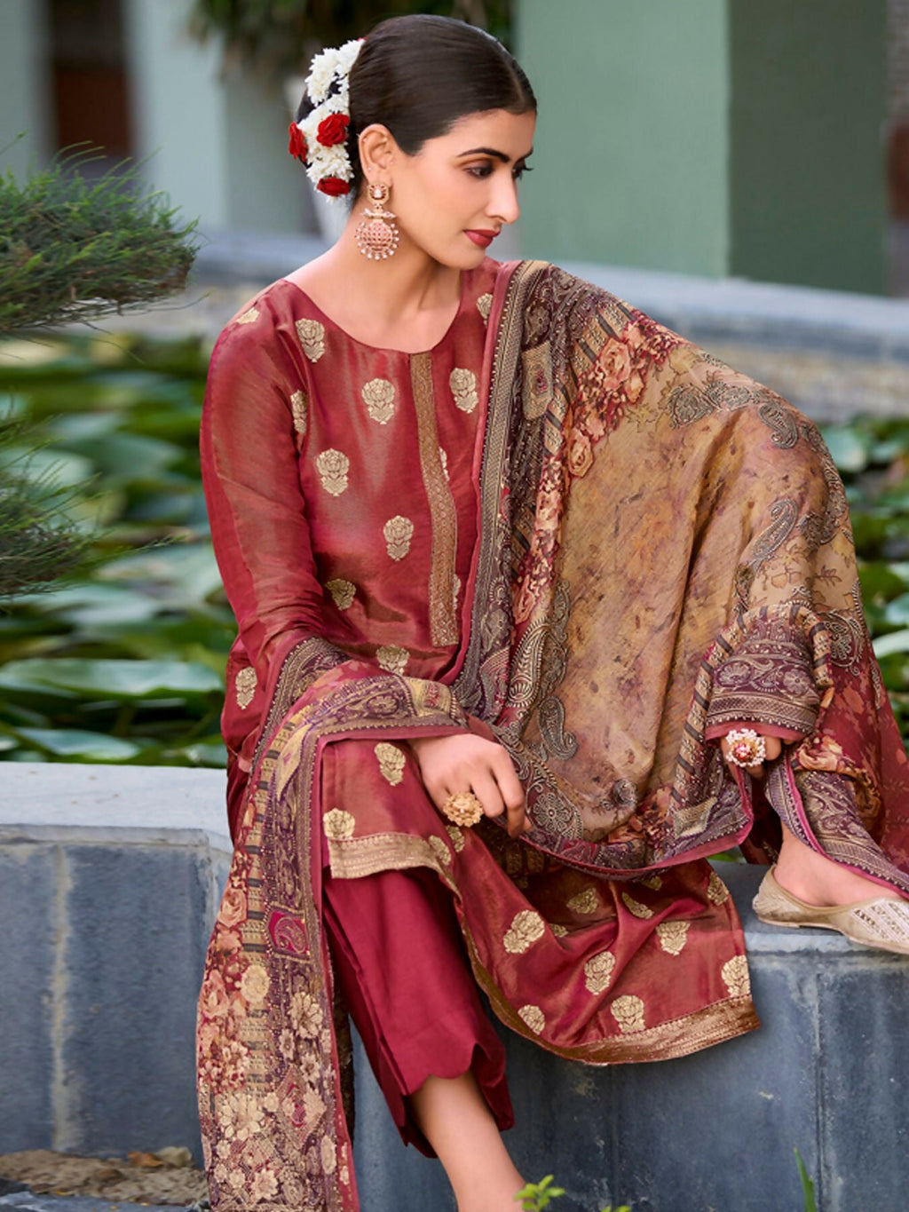 Women's Maroon Pure Silk Jacquard Woven Kurta Set with Trouser