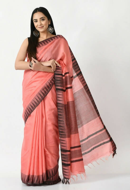 Gajari Pink Bhagalpuri Handloom Silk Saree with black temple border and unstitched blouse piece