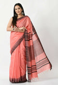 Gajari Pink Bhagalpuri Handloom Silk Saree with black temple border and unstitched blouse piece