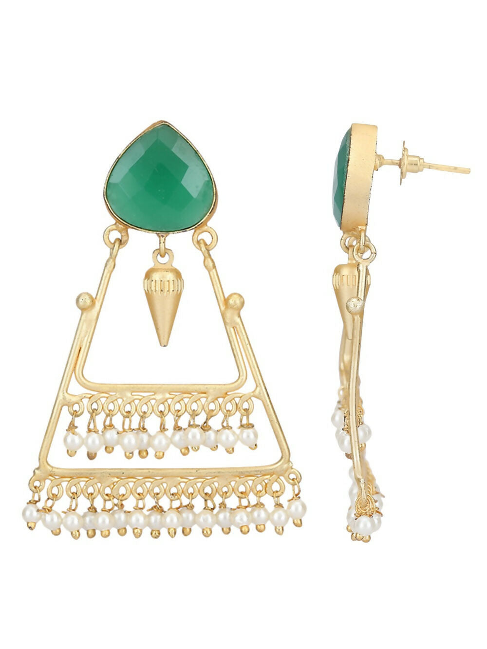 Matte Gold Statement Earrings with Emerald Green Stones