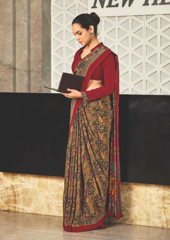 Mustard Crepe Silk Saree with Traditional Print for Party Wear