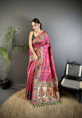 Hot Pink Banarasi soft silk saree with traditional woven designs