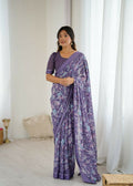 Lavender Bright Moss Satin saree with printed patta detail and matching blouse