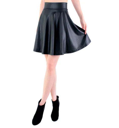 Women's Black Faux Leather High Waisted A-Line Skater Mini Skirt - Image 7