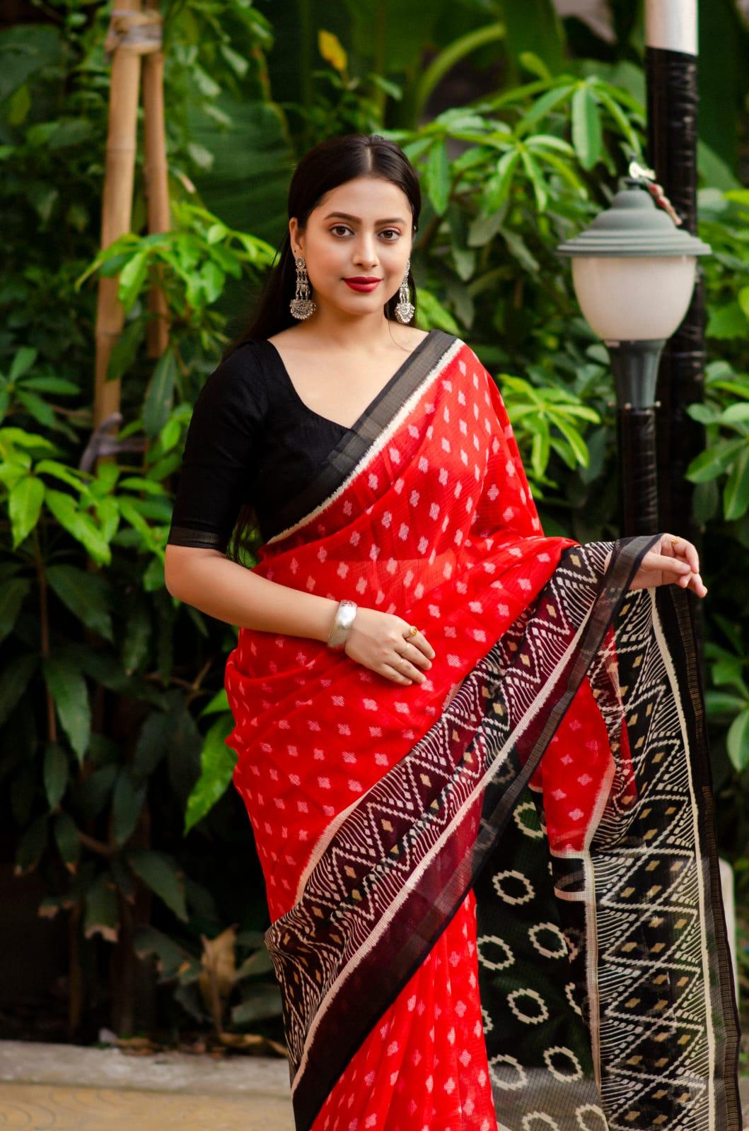 Red Polycotton Ikkat Style Saree with Zari Pattu Border