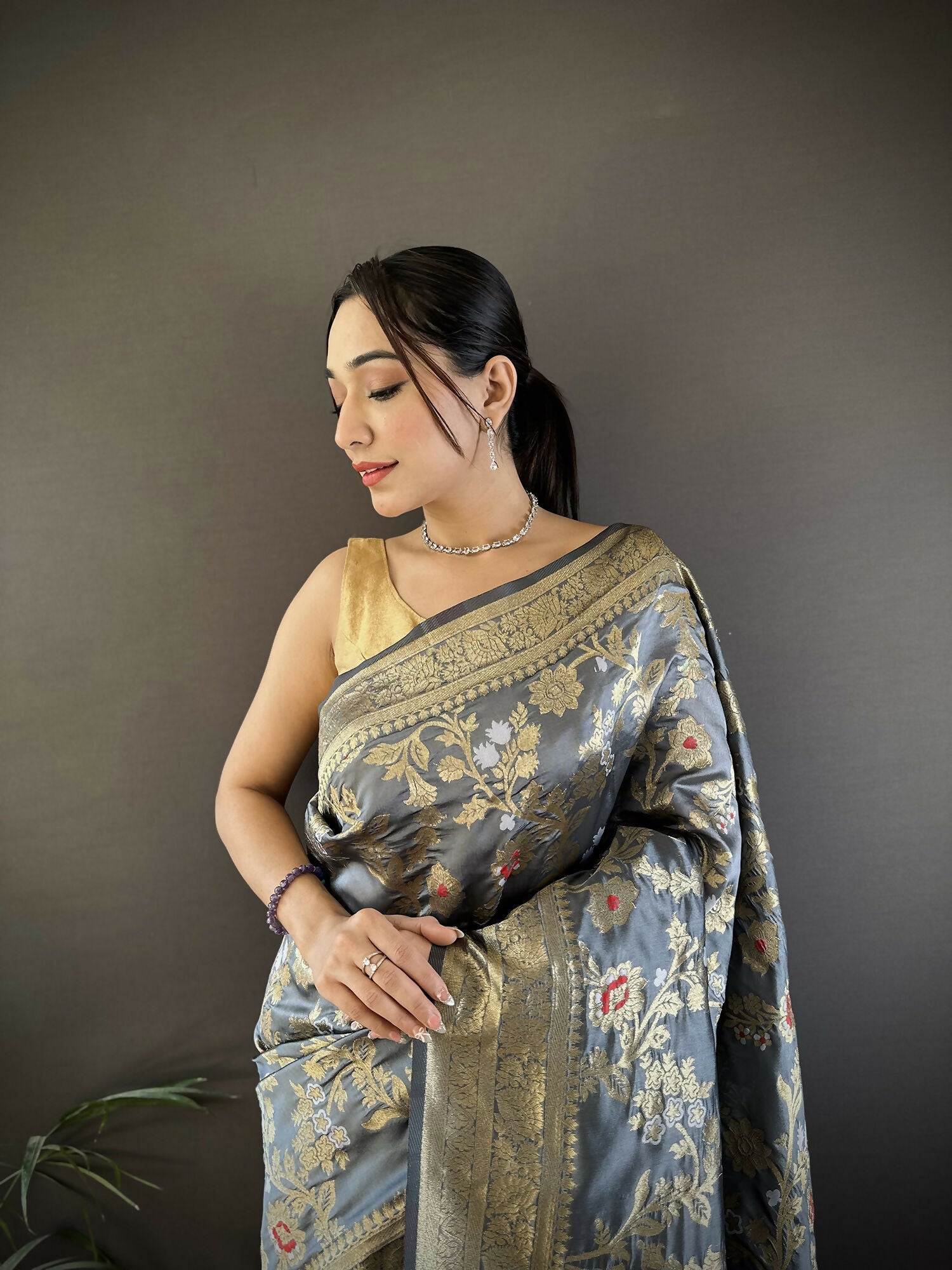 Grey Soft Silk Meenakari Banarasi Saree with Floral Motifs