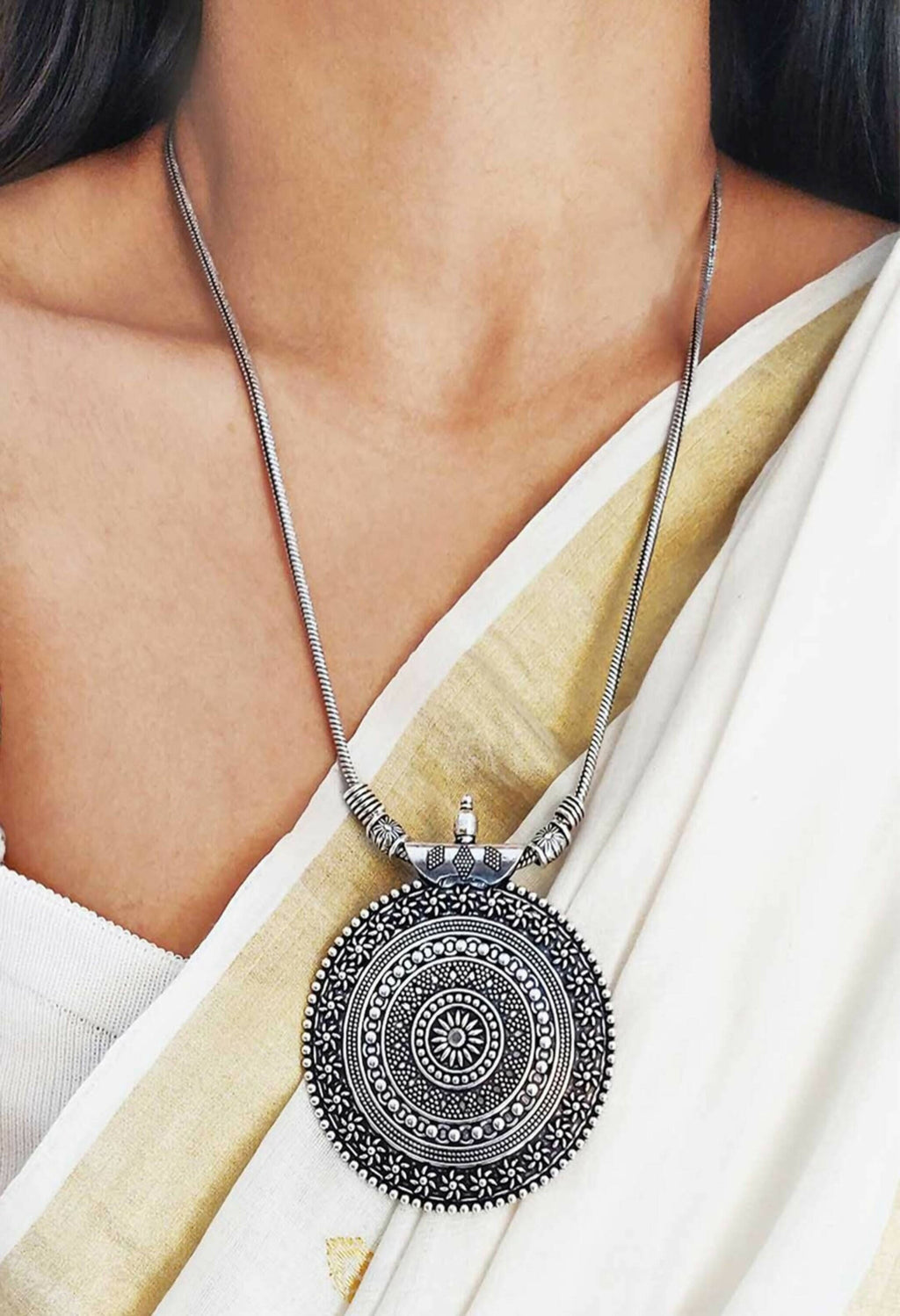 Oxidised Silver-Plated Long Chain Necklace with Matching Studs