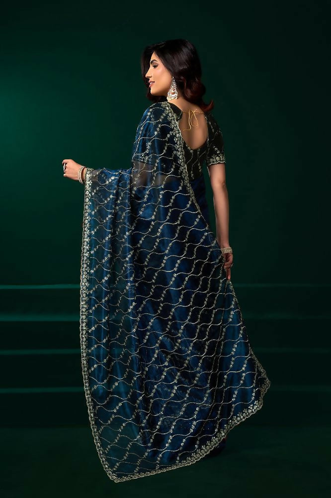Navy Blue Net Party Wear Saree with Black Velvet Blouse Set