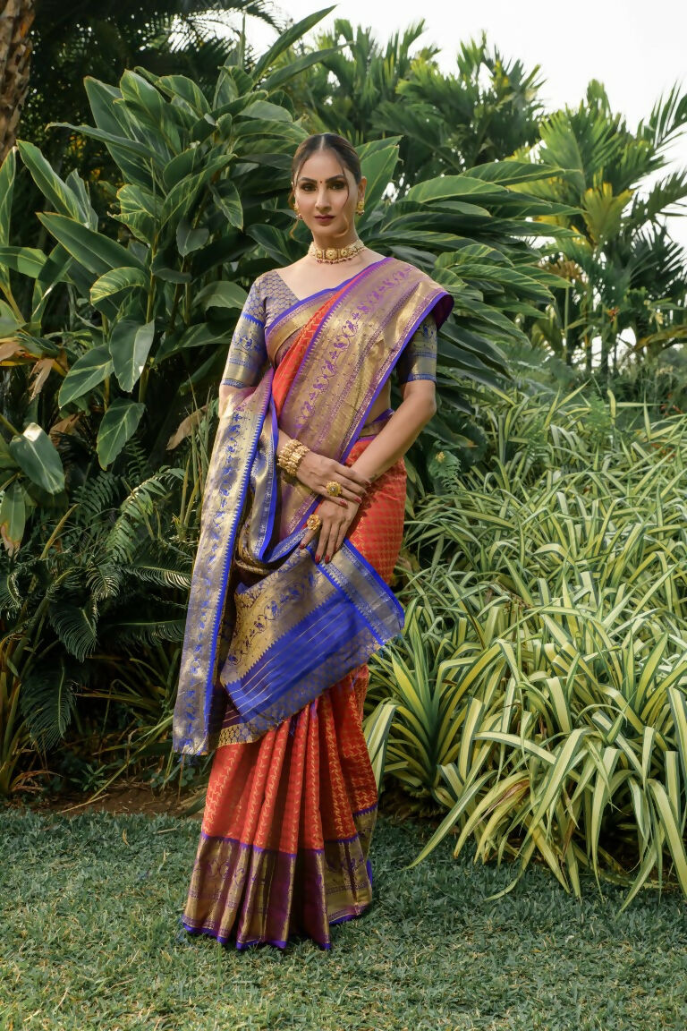 Orange Kanjivaram Silk Zari Woven Saree with Blue Blouse