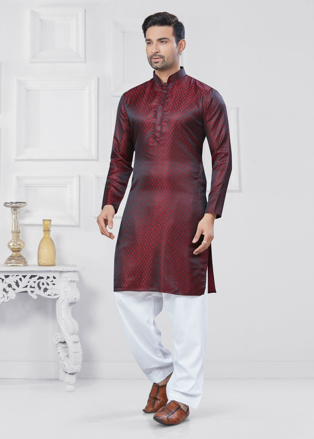 Men's Marron Jacquard Silk Kurta Pyjama Set - Traditional Ethnic
