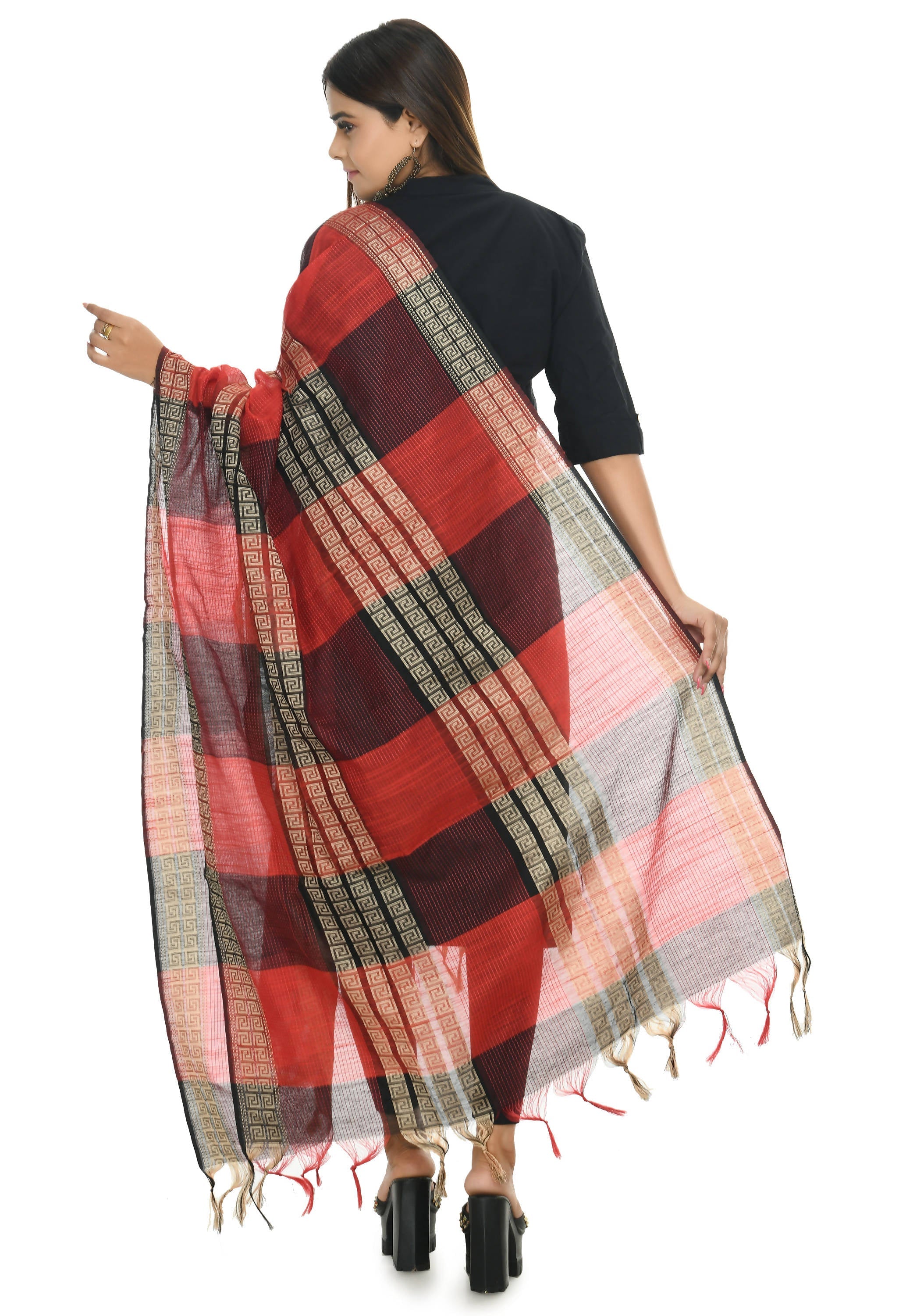Red Tone Handloom Cotton Dupatta - Soft Ethnic Stole