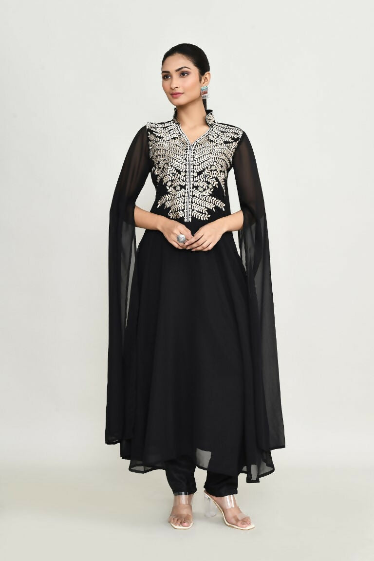 A stylish black rayon tunic with detailed embroidery, shown on a neutral background.