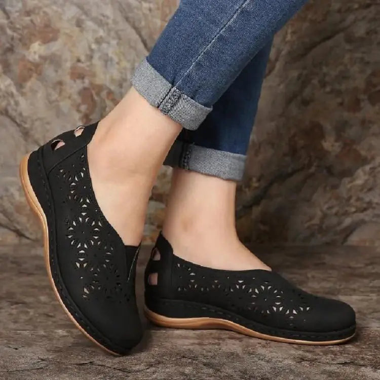 Women's Hollow Out Wedge Casual Shoes Tan Comfortable Walking Flats - Image 7